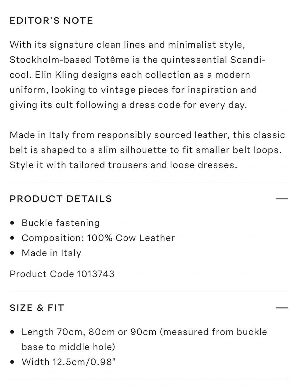 NWT Toteme Oval Slim Leather Belt Black Gold